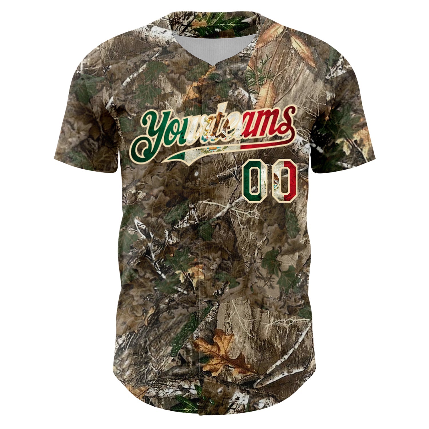 Custom Camo Vintage Mexican Flag-Cream 3D Woodland Camo Authentic Salute To Service Baseball Jersey view 2