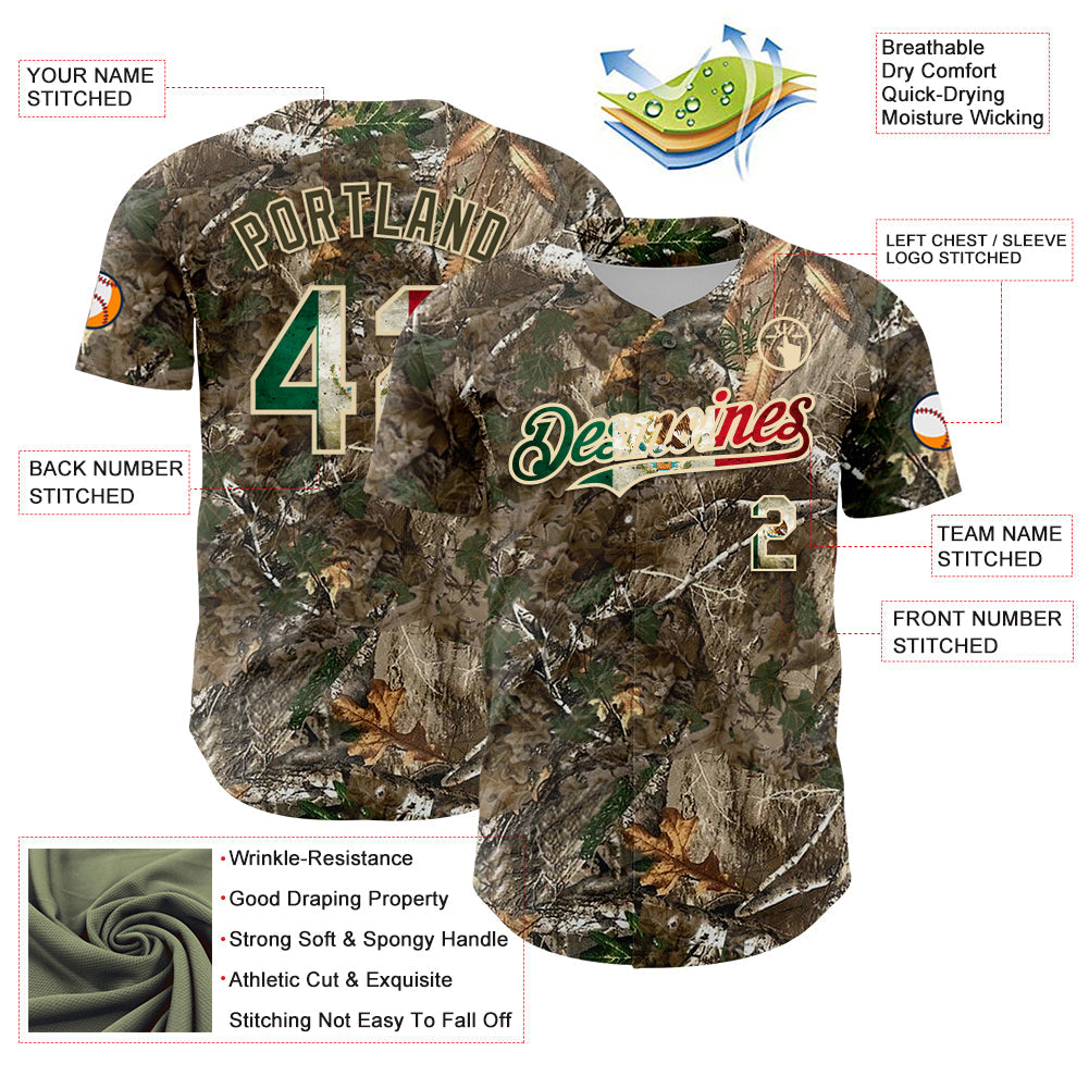 Custom Camo Vintage Mexican Flag-Cream 3D Woodland Camo Authentic Salute To Service Baseball Jersey view 3