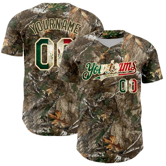 Custom Camo Vintage Mexican Flag-Cream 3D Woodland Camo Authentic Salute To Service Baseball Jersey - Main View