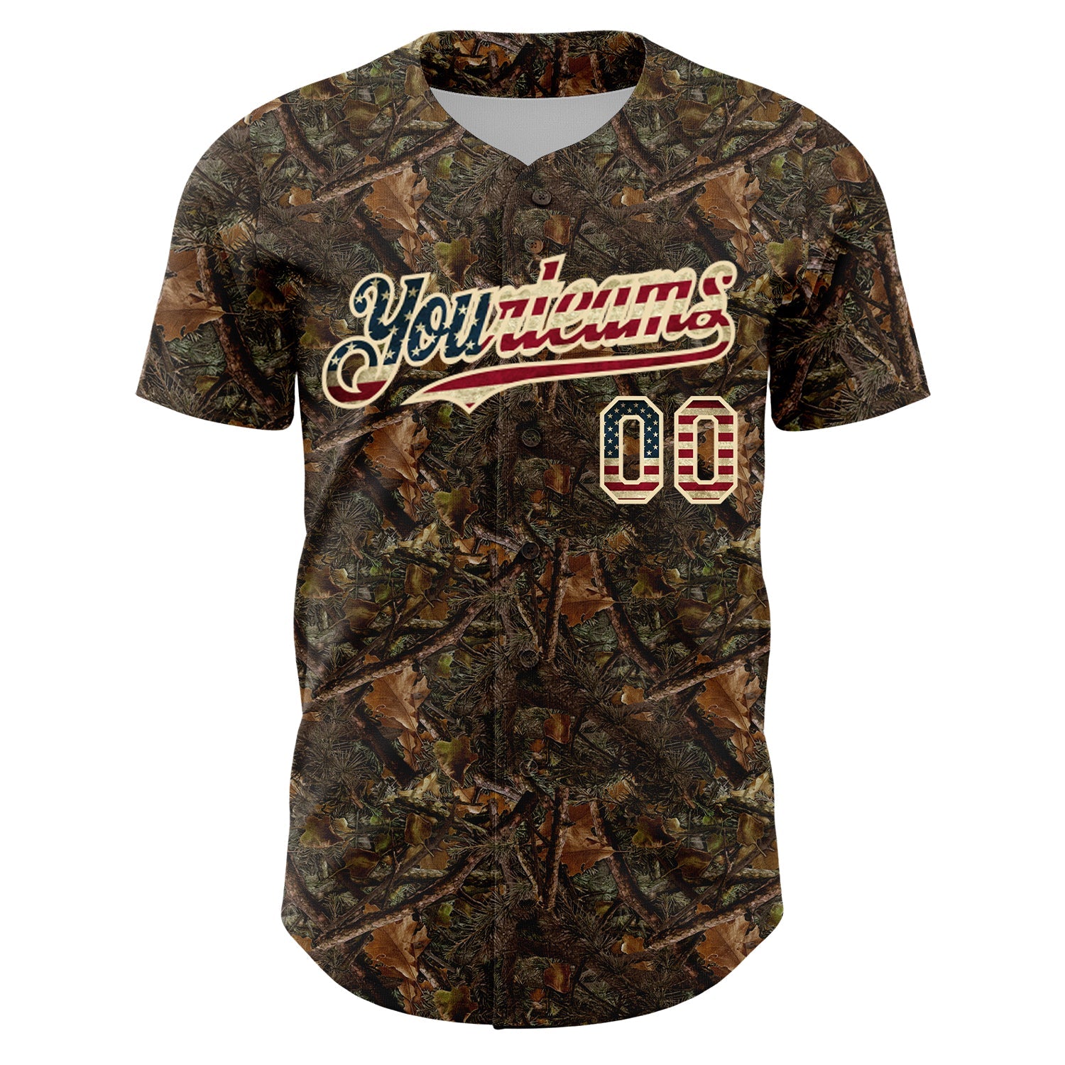 Custom Camo Vintage USA Flag-Cream 3D Woodland Camo Authentic Salute To Service Baseball Jersey view 2