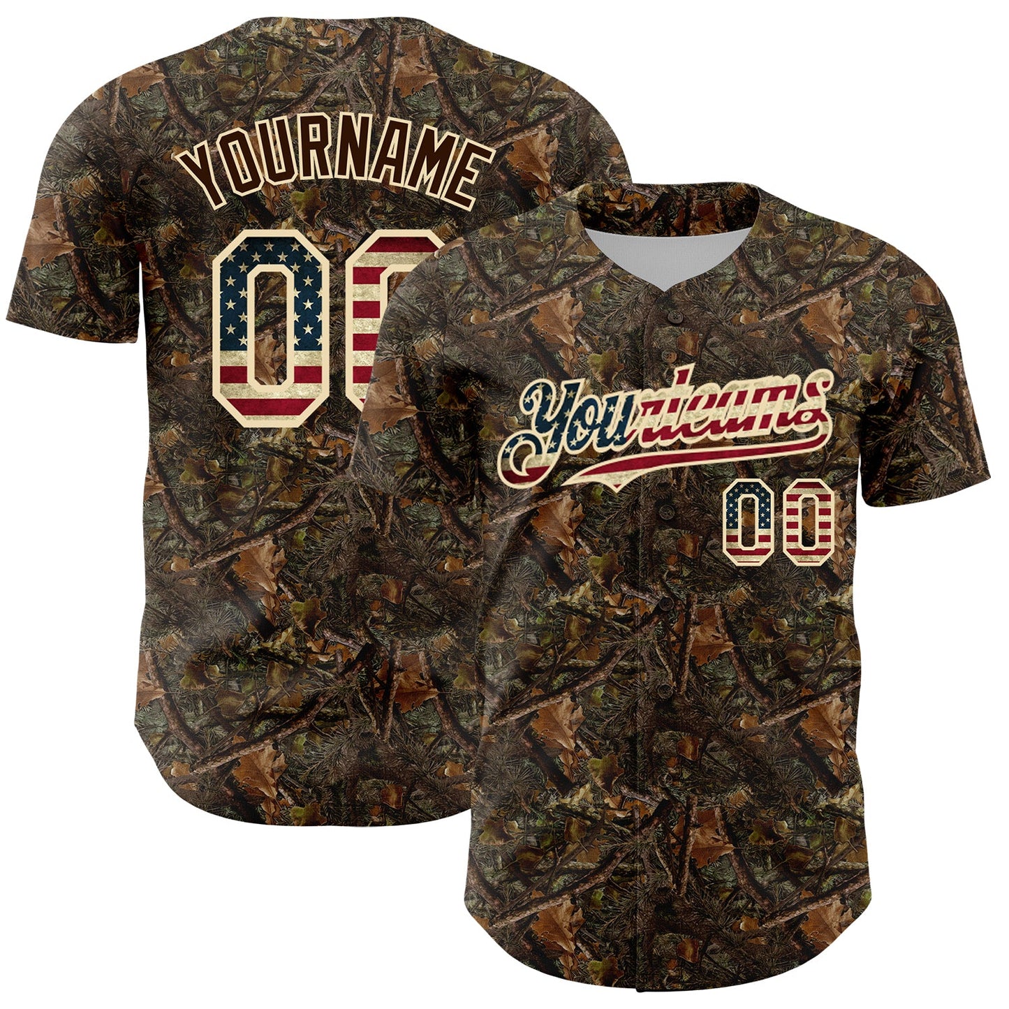 Custom Camo Vintage USA Flag-Cream 3D Woodland Camo Authentic Salute To Service Baseball Jersey - Main View