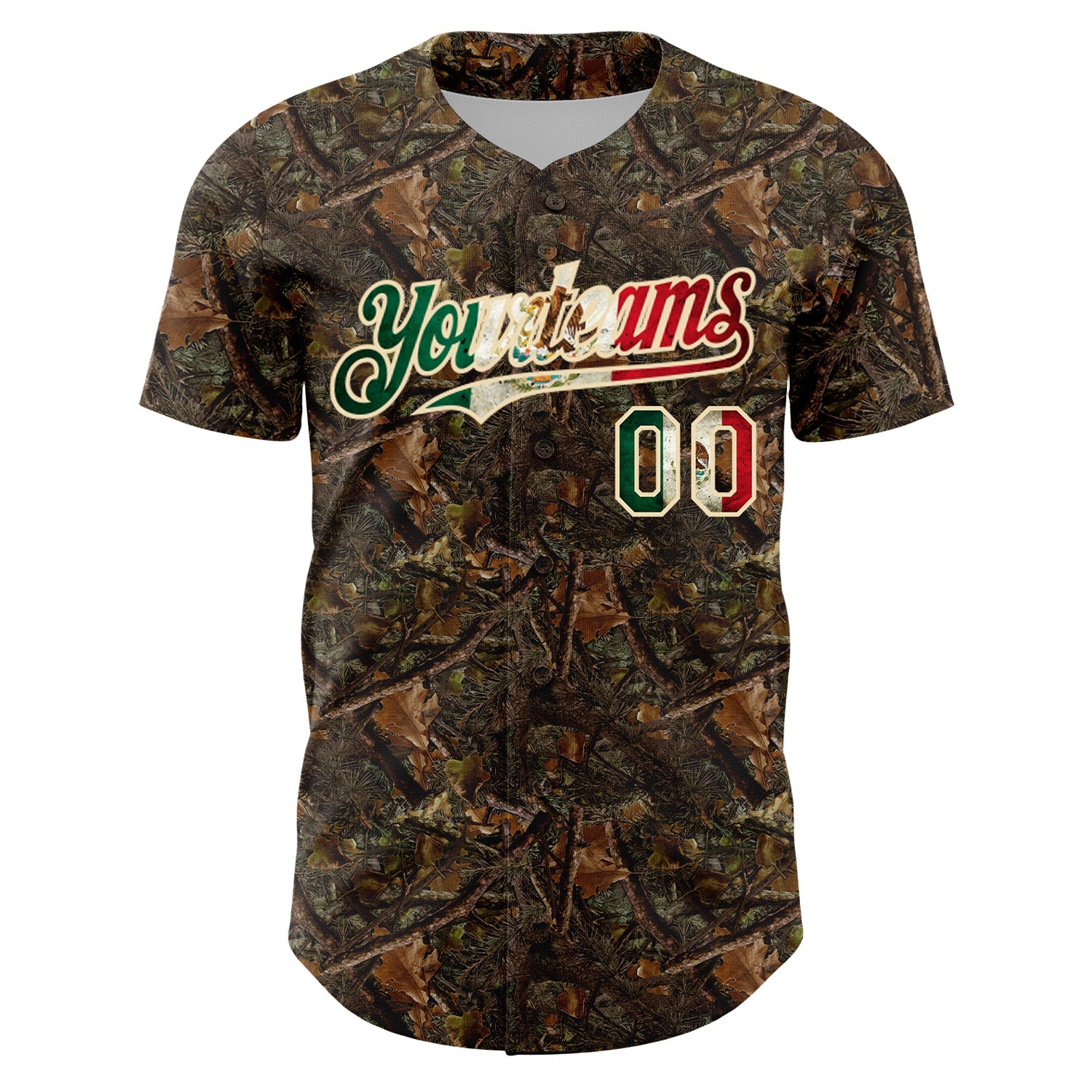 Custom Camo Vintage Mexican Flag-Cream 3D Woodland Camo Authentic Salute To Service Baseball Jersey view 2