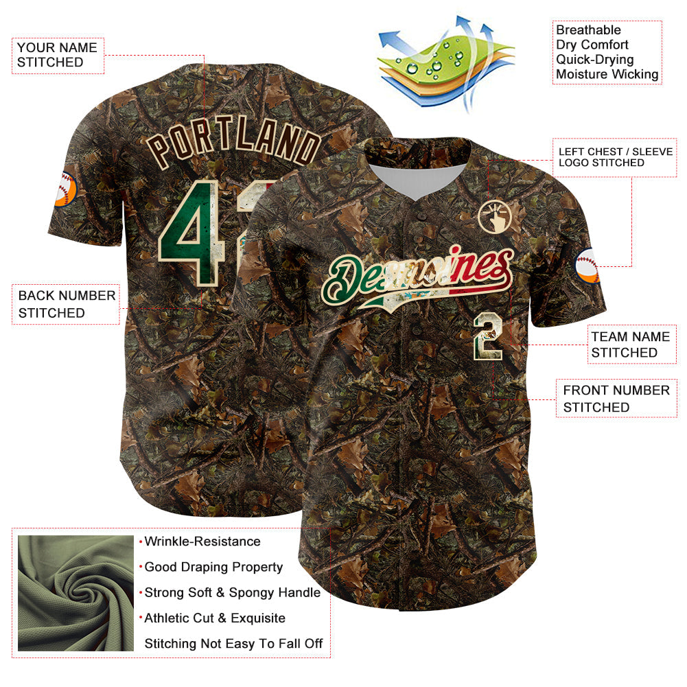 Custom Camo Vintage Mexican Flag-Cream 3D Woodland Camo Authentic Salute To Service Baseball Jersey view 3