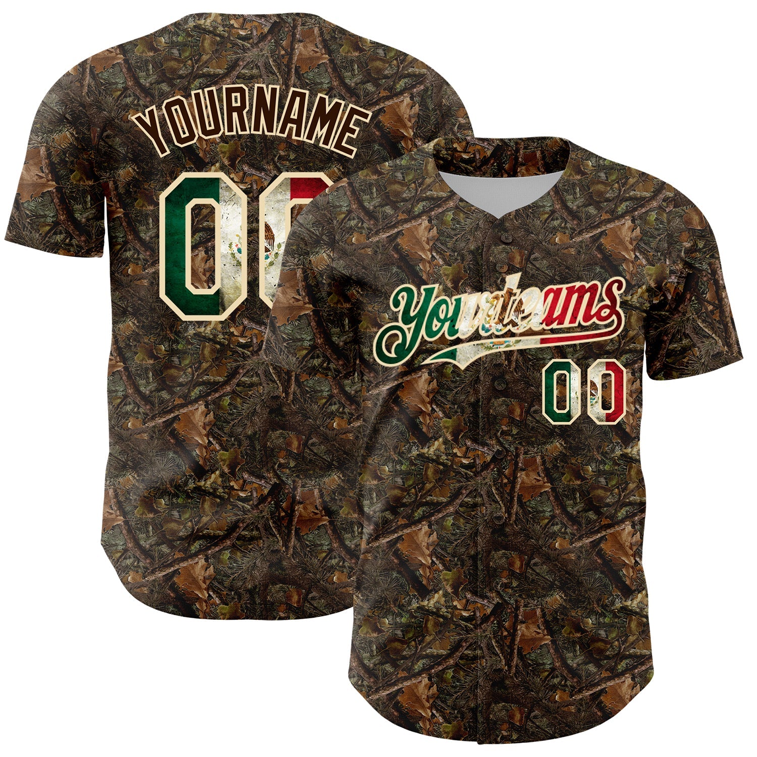 Custom Camo Vintage Mexican Flag-Cream 3D Woodland Camo Authentic Salute To Service Baseball Jersey - Main View