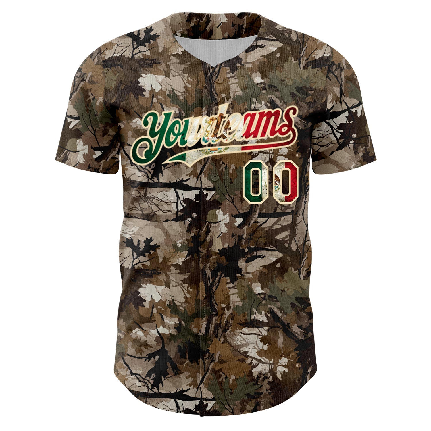 Custom Camo Vintage Mexican Flag-Cream 3D Woodland Camo Authentic Salute To Service Baseball Jersey view 2