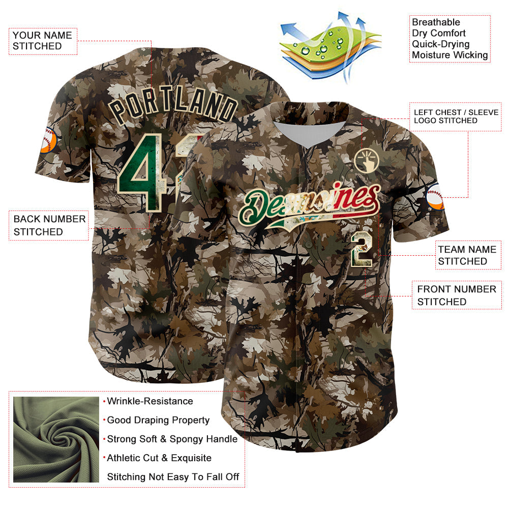 Custom Camo Vintage Mexican Flag-Cream 3D Woodland Camo Authentic Salute To Service Baseball Jersey view 3