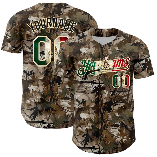 Custom Camo Vintage Mexican Flag-Cream 3D Woodland Camo Authentic Salute To Service Baseball Jersey - Main View