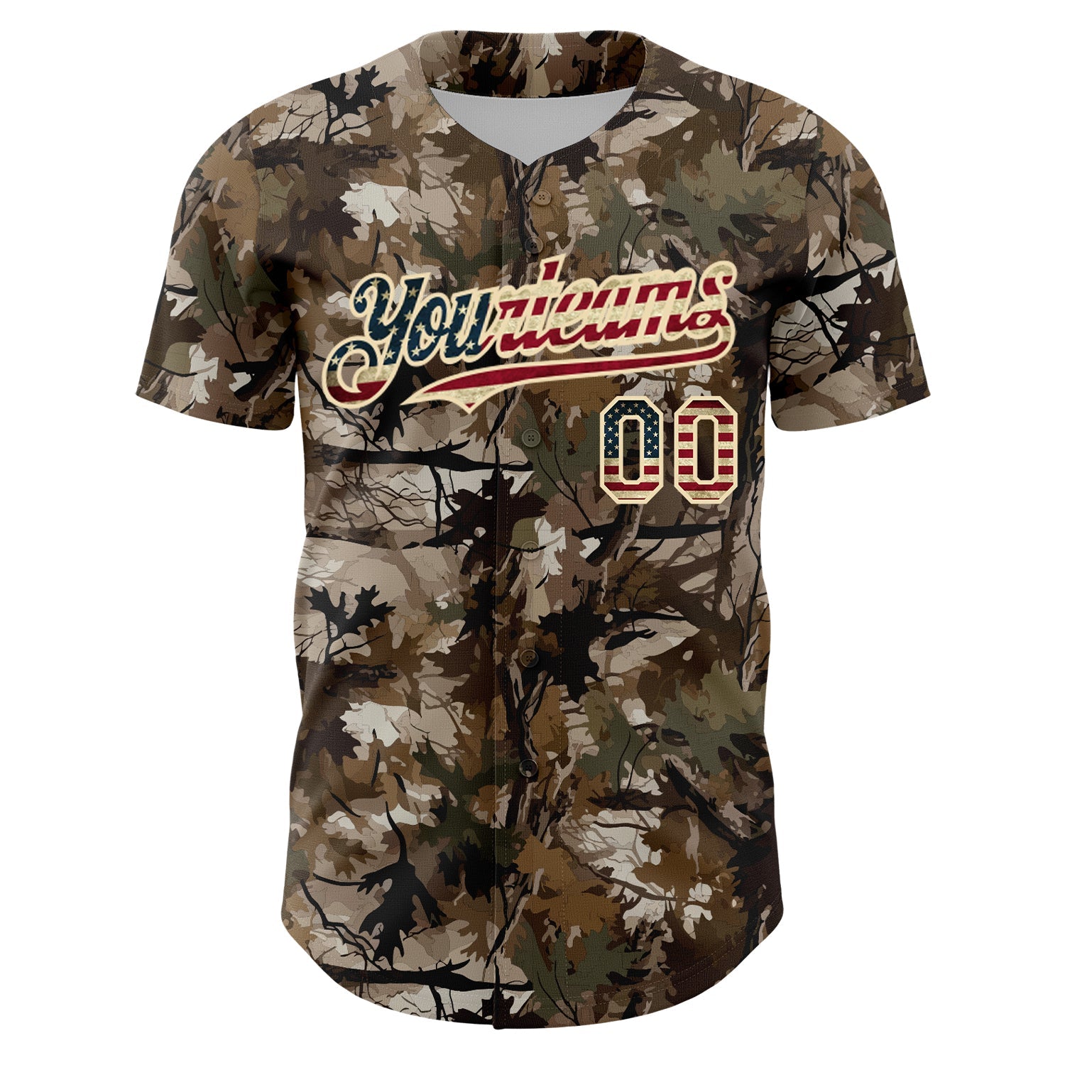 Custom Camo Vintage USA Flag-Cream 3D Woodland Camo Authentic Salute To Service Baseball Jersey view 2