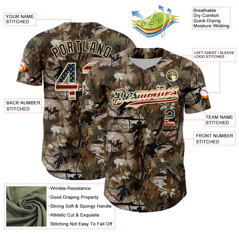Custom Camo Vintage USA Flag-Cream 3D Woodland Camo Authentic Salute To Service Baseball Jersey view 3