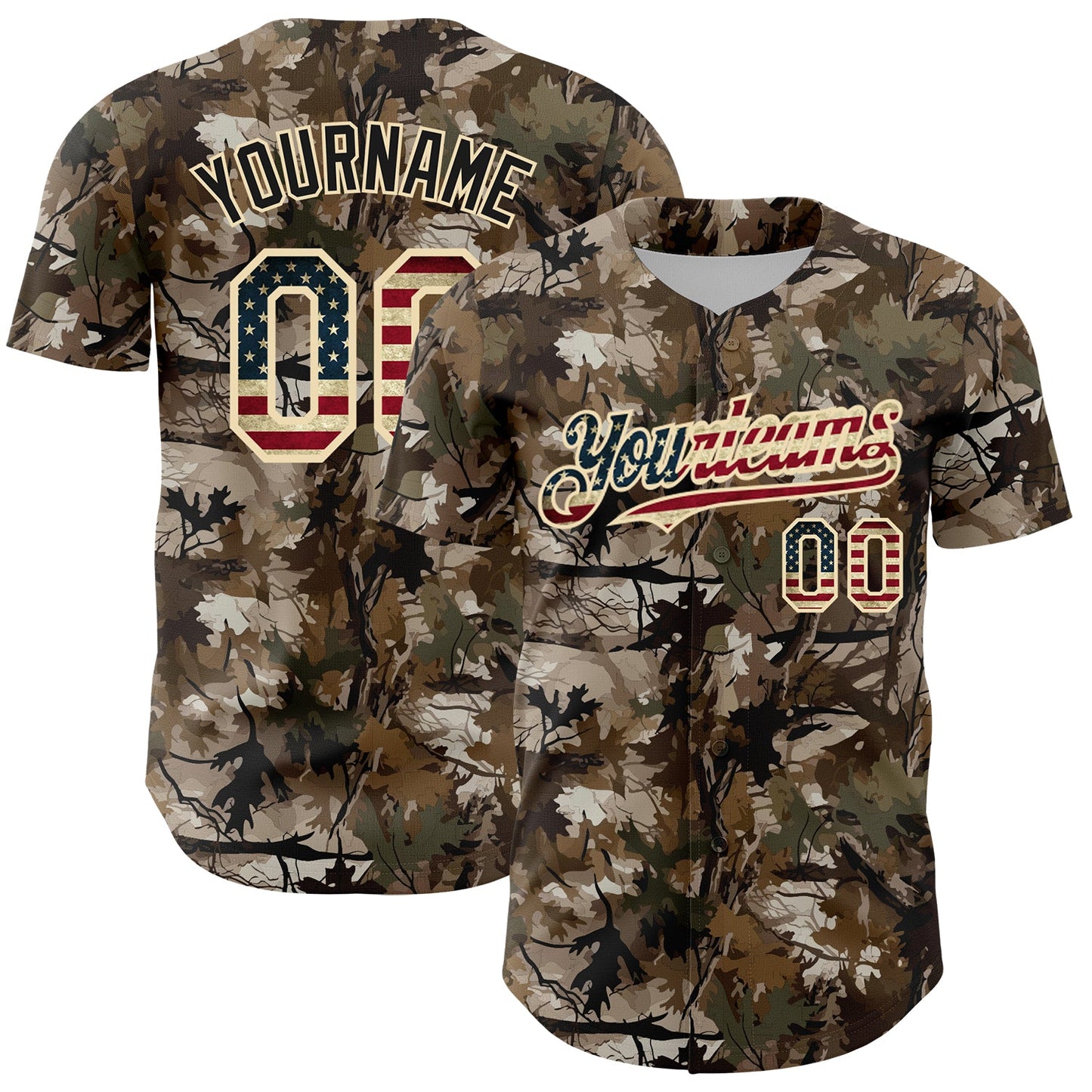 Custom Camo Vintage USA Flag-Cream 3D Woodland Camo Authentic Salute To Service Baseball Jersey - Main View