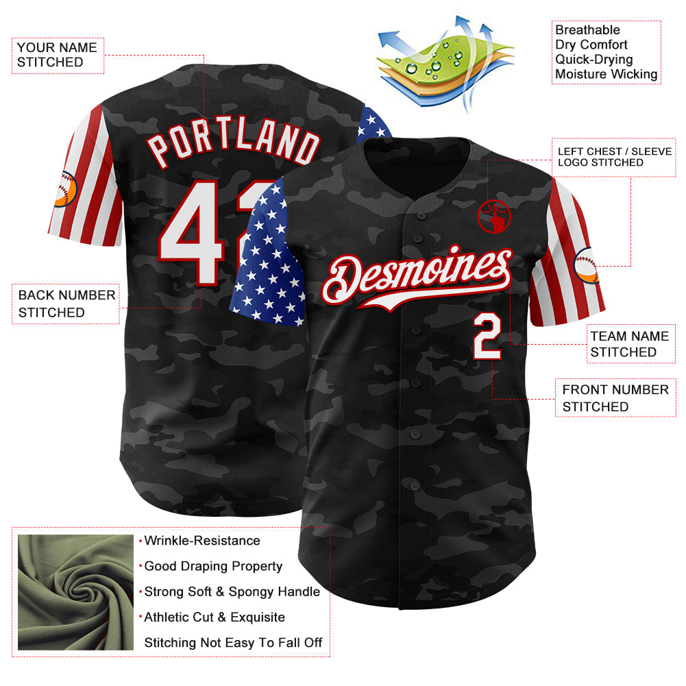 Custom Camo White-Red 3D American Flag  Authentic Salute To Service Baseball Jersey view 3