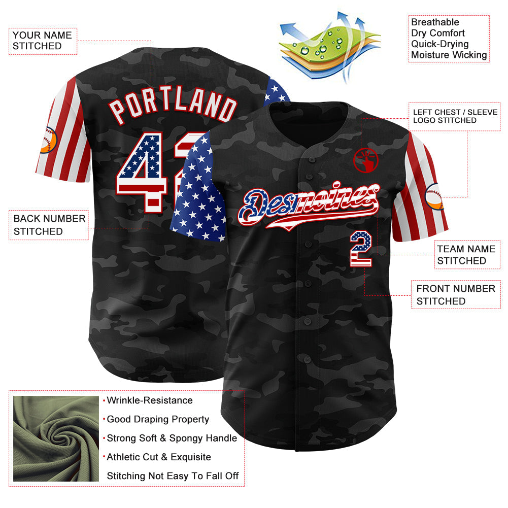 Custom Camo USA Flag White-Red 3D Authentic Salute To Service Baseball Jersey view 3