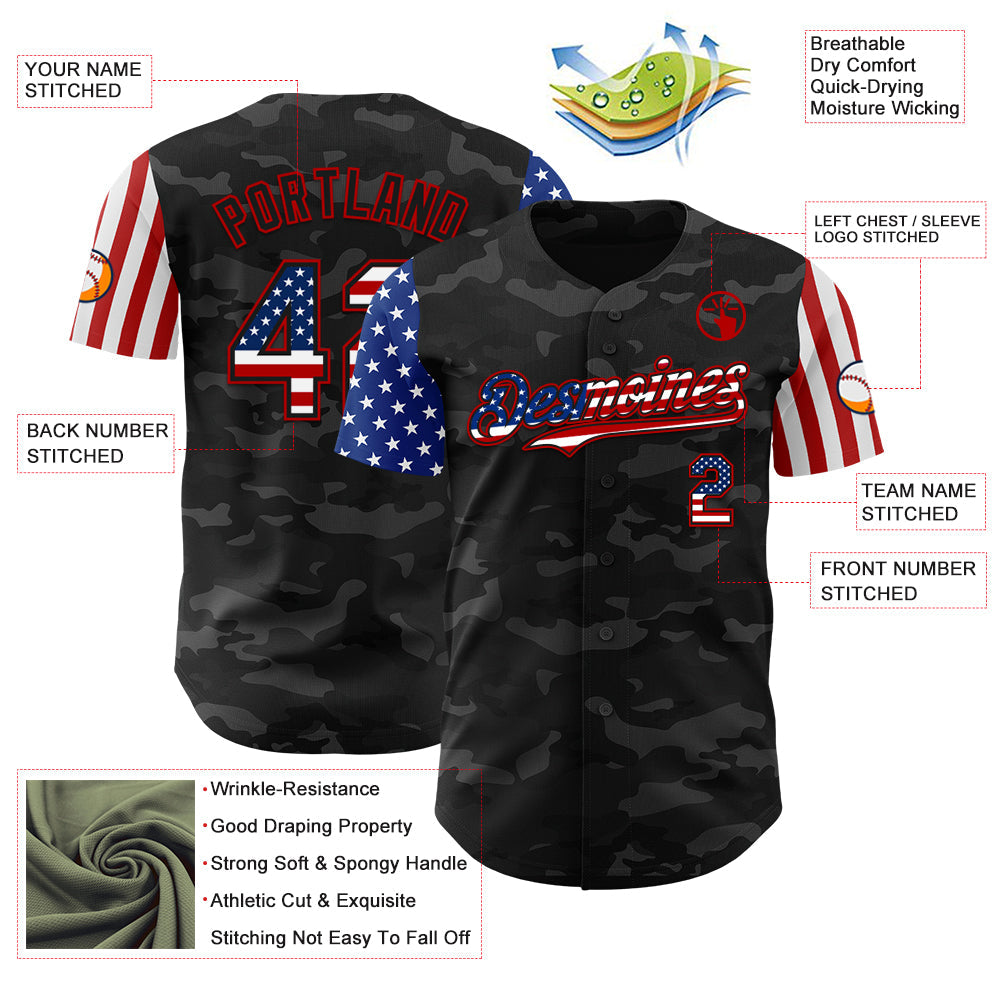 Custom Camo USA Flag Black-Red 3D Authentic Salute To Service Baseball Jersey view 3
