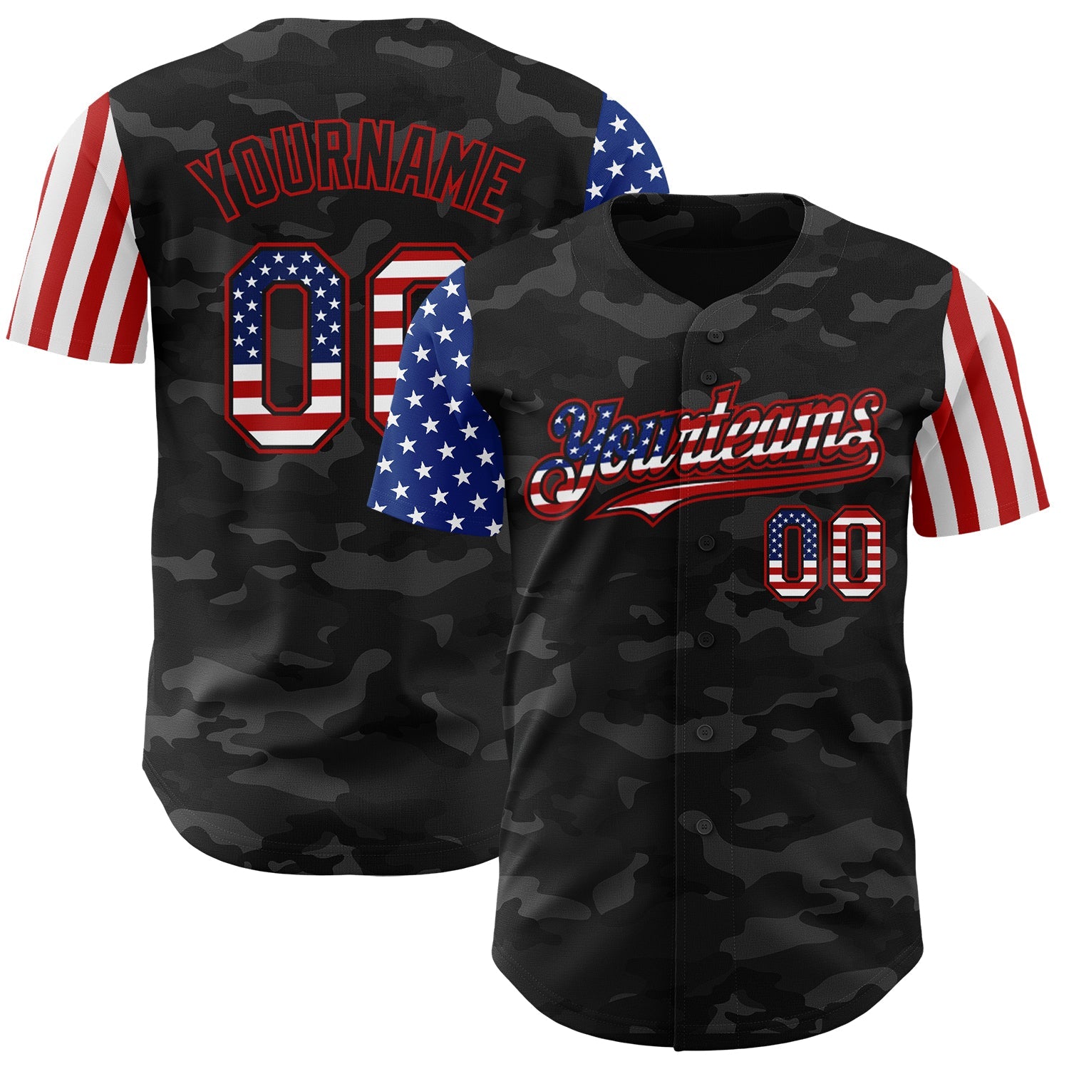 Custom Camo USA Flag Black-Red 3D Authentic Salute To Service Baseball Jersey - Main View