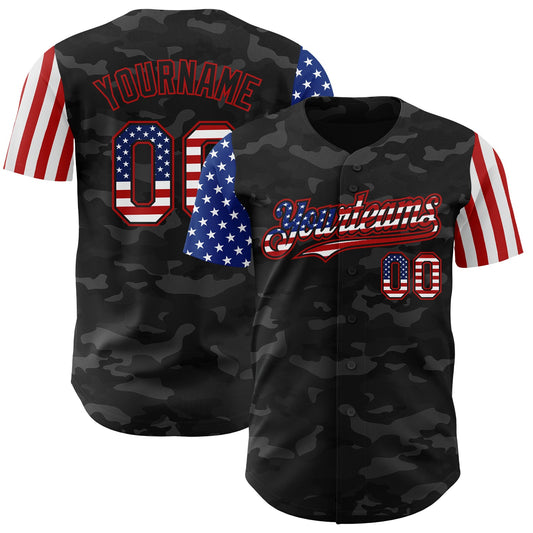 Custom Camo USA Flag Black-Red 3D Authentic Salute To Service Baseball Jersey - Main View