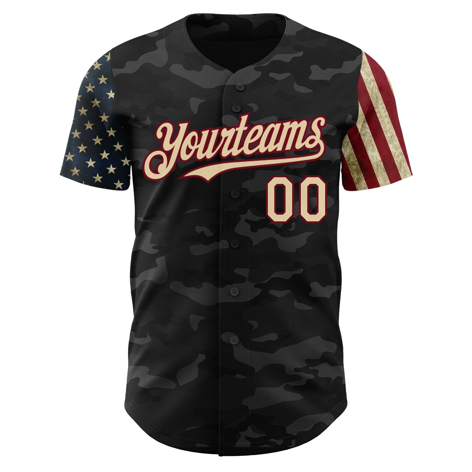 Custom Camo Cream-Crimson 3D American Flag Authentic Salute To Service Baseball Jersey view 2