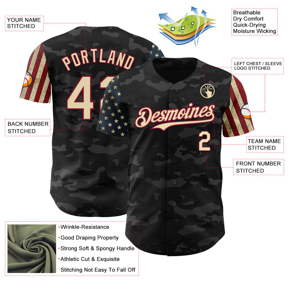 Custom Camo Cream-Crimson 3D American Flag Authentic Salute To Service Baseball Jersey view 3