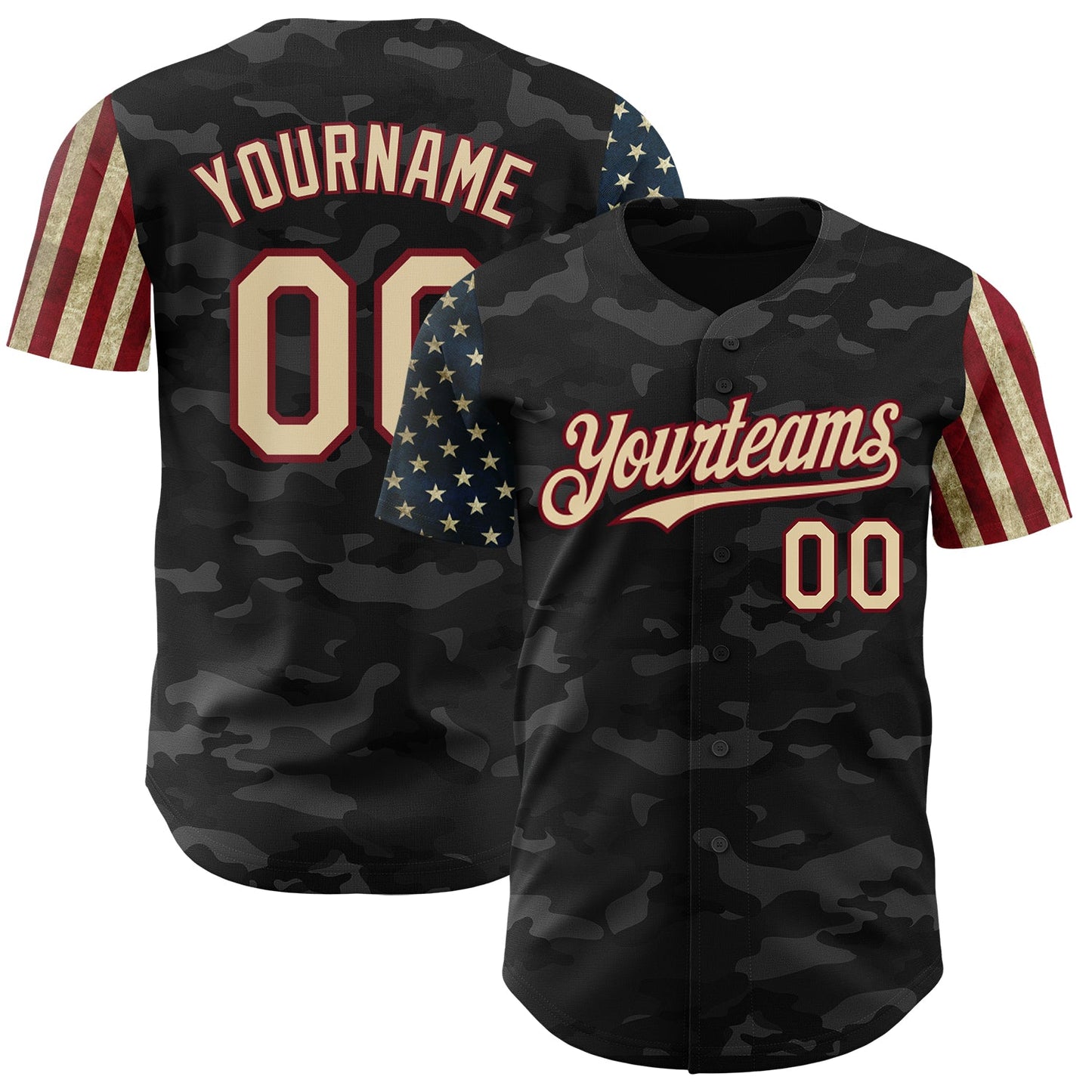 Custom Camo Cream-Crimson 3D American Flag Authentic Salute To Service Baseball Jersey - Main View