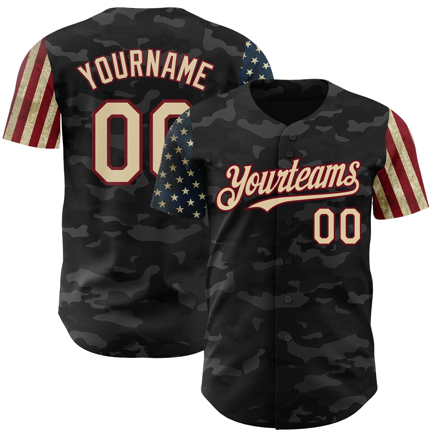 Custom Camo Cream-Crimson 3D American Flag Authentic Salute To Service Baseball Jersey - Main View