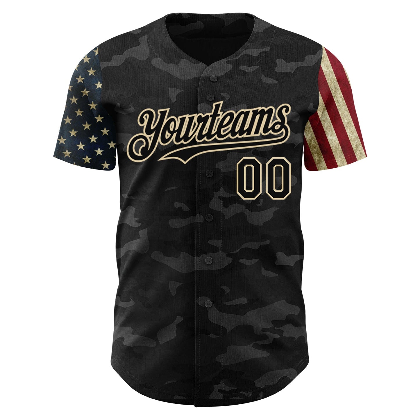 Custom Camo Black-Cream 3D American Flag Authentic Salute To Service Baseball Jersey view 2