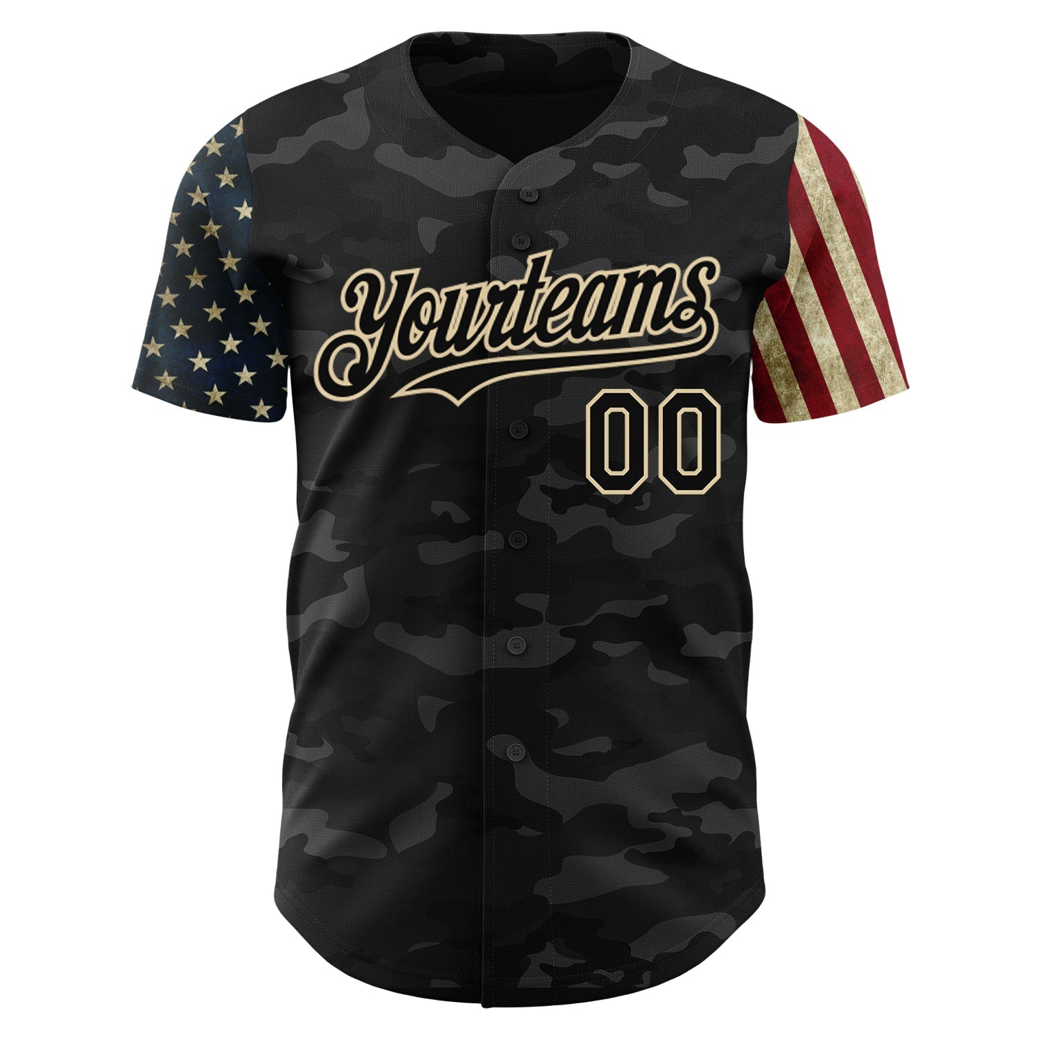 Custom Camo Black-Cream 3D American Flag Authentic Salute To Service Baseball Jersey view 2