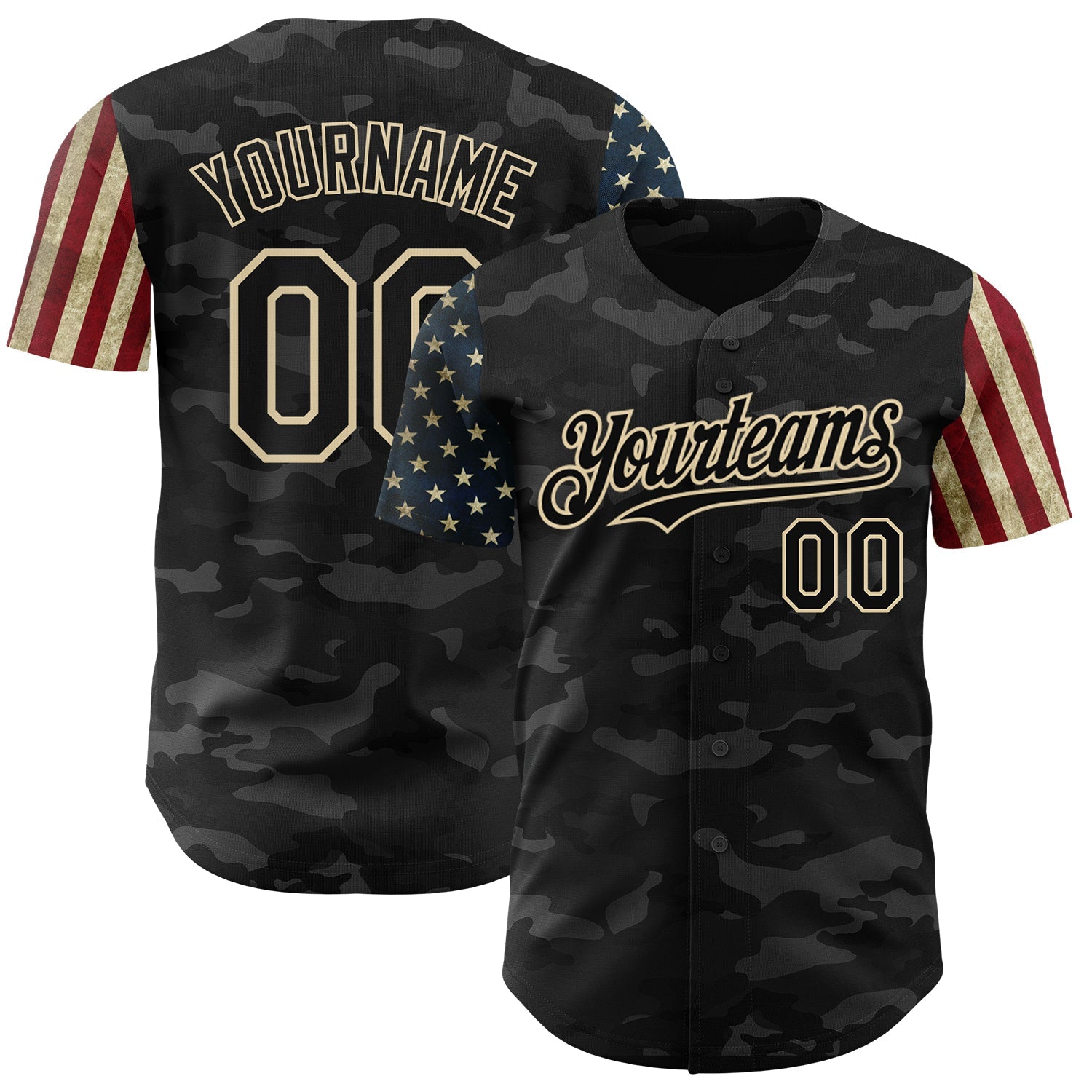 Custom Camo Black-Cream 3D American Flag Authentic Salute To Service Baseball Jersey - Main View