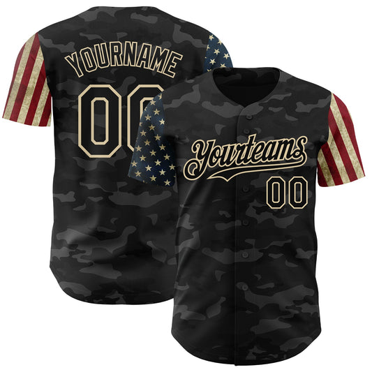 Custom Camo Black-Cream 3D American Flag Authentic Salute To Service Baseball Jersey - Main View