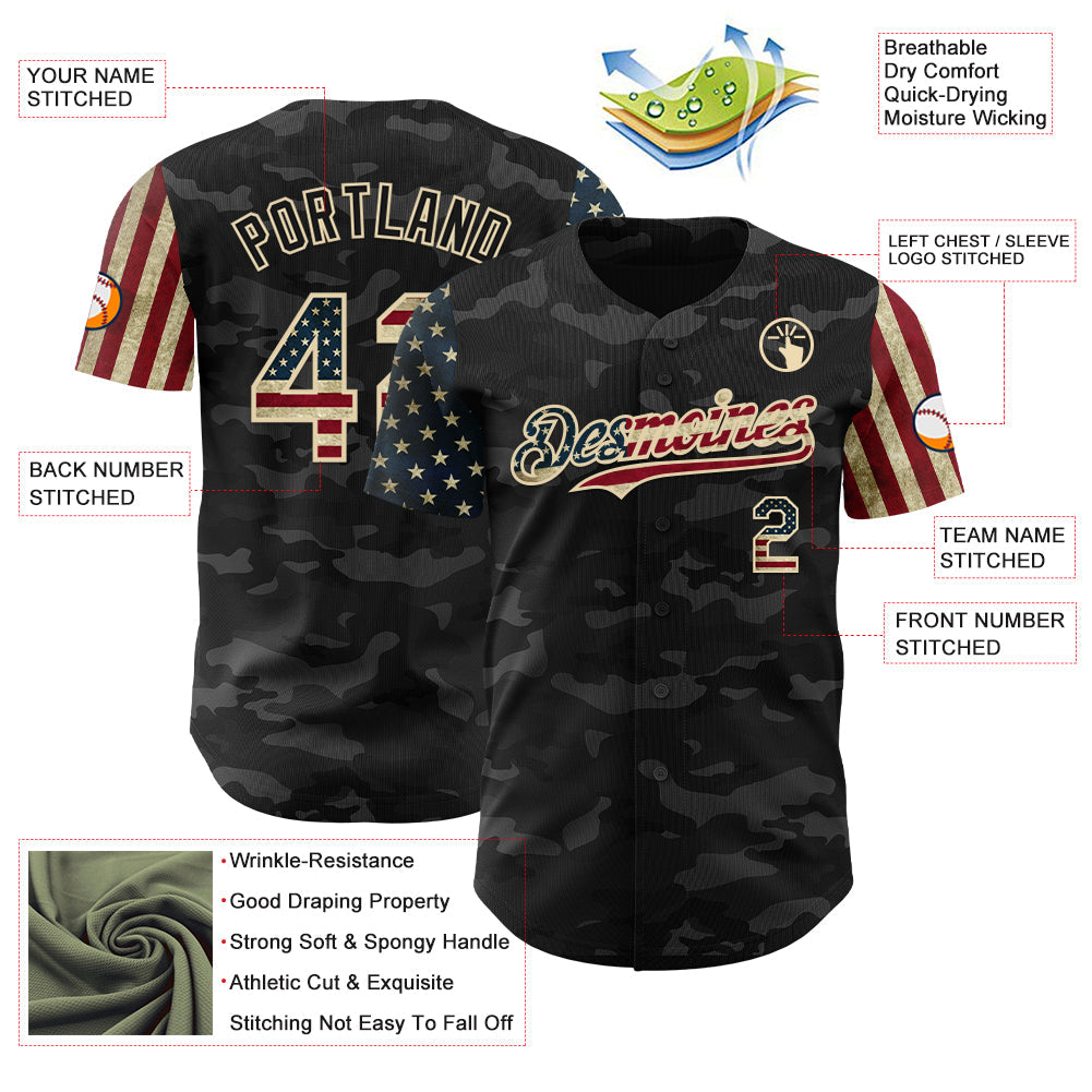 Custom Camo Vintage USA Flag-Cream 3D Authentic Salute To Service Baseball Jersey view 3