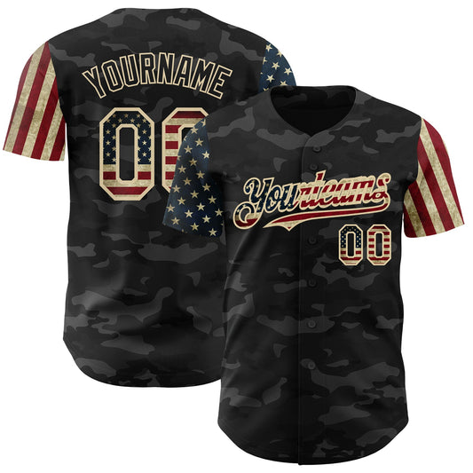 Custom Camo Vintage USA Flag-Cream 3D Authentic Salute To Service Baseball Jersey - Main View