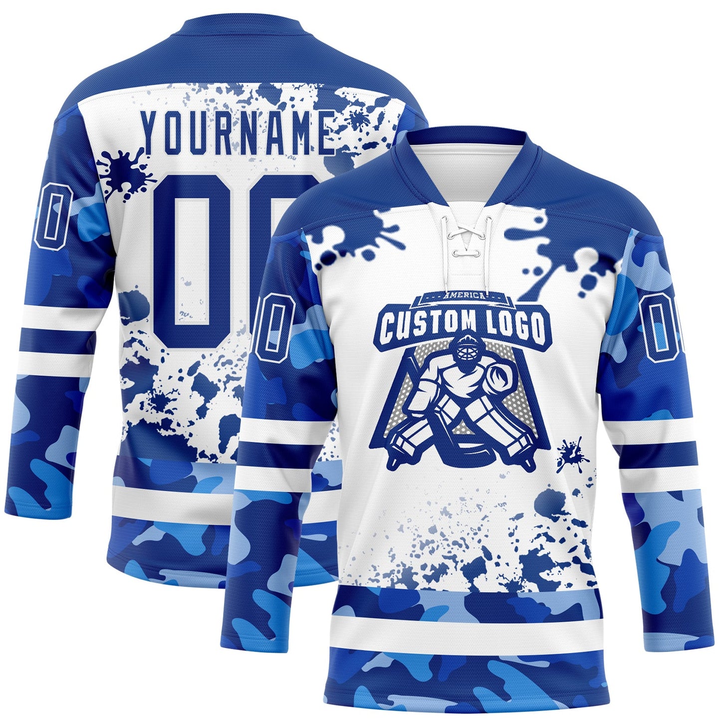 Custom Camo Royal-White Splash Hockey Lace Neck Jersey view 2