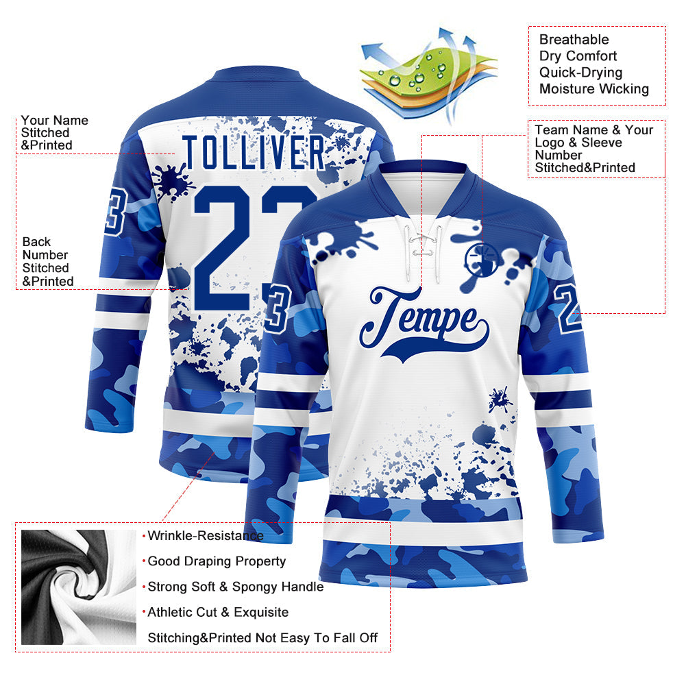 Custom Camo Royal-White Splash Hockey Lace Neck Jersey view 3