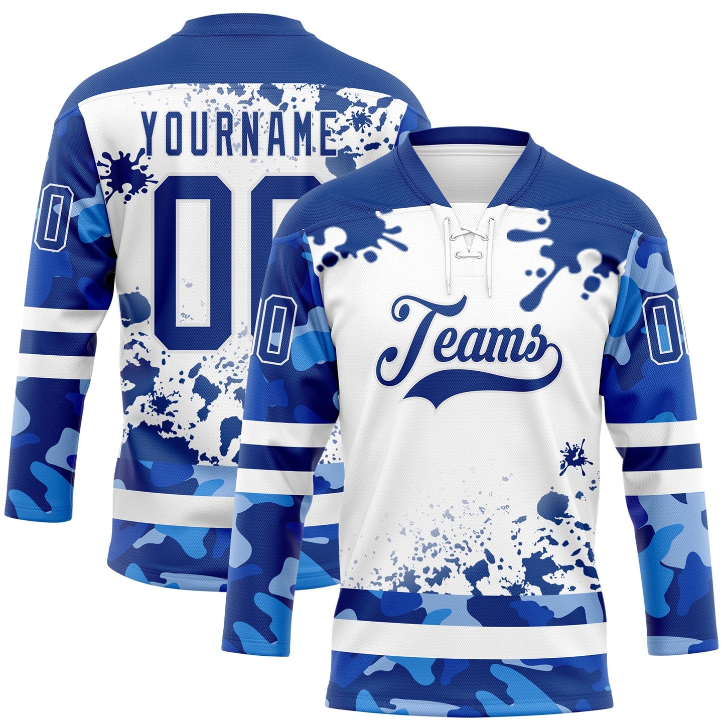 Custom Camo Royal-White Splash Hockey Lace Neck Jersey - Main View