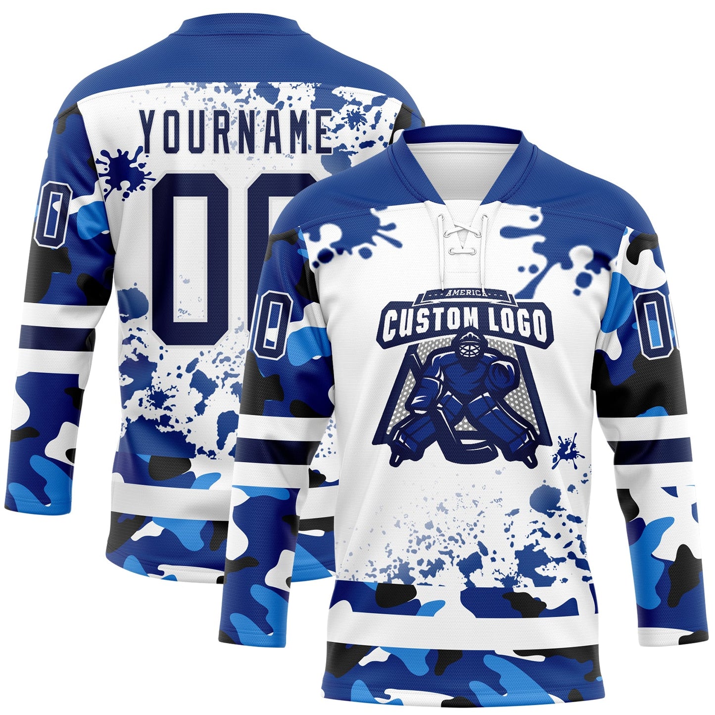 Custom Camo Navy Royal-White Splash Hockey Lace Neck Jersey view 2