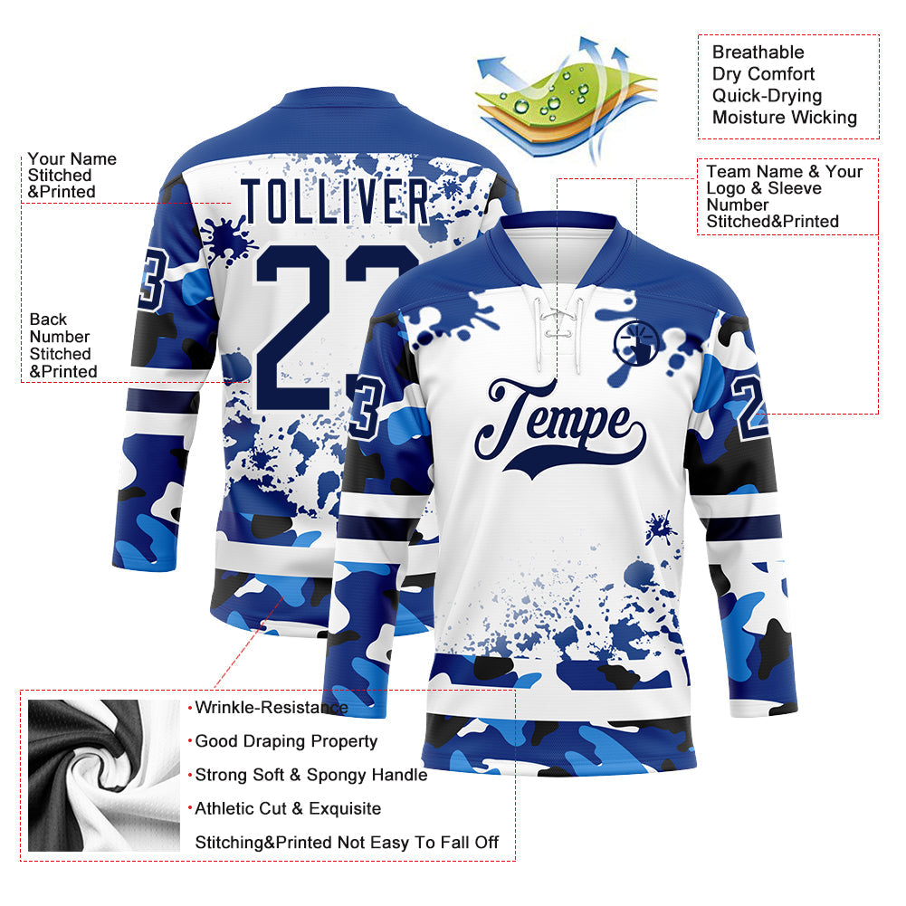 Custom Camo Navy Royal-White Splash Hockey Lace Neck Jersey view 3