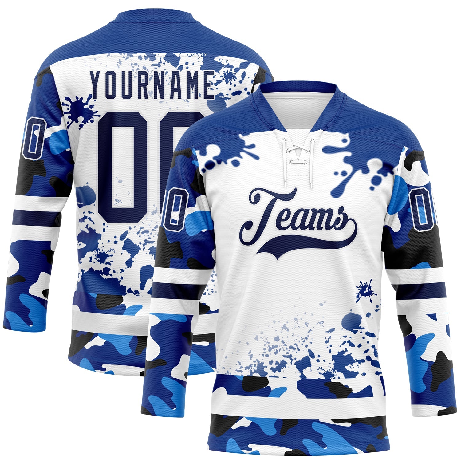 Custom Camo Navy Royal-White Splash Hockey Lace Neck Jersey - Main View
