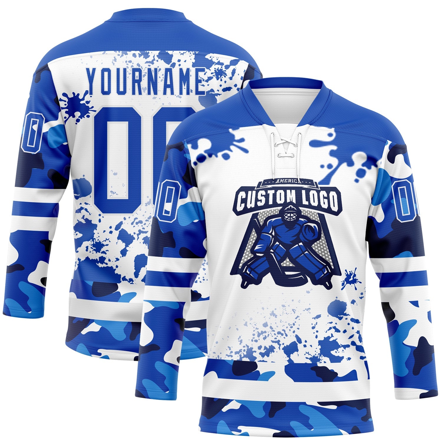 Custom Camo Thunder Blue-White Splash Hockey Lace Neck Jersey view 2