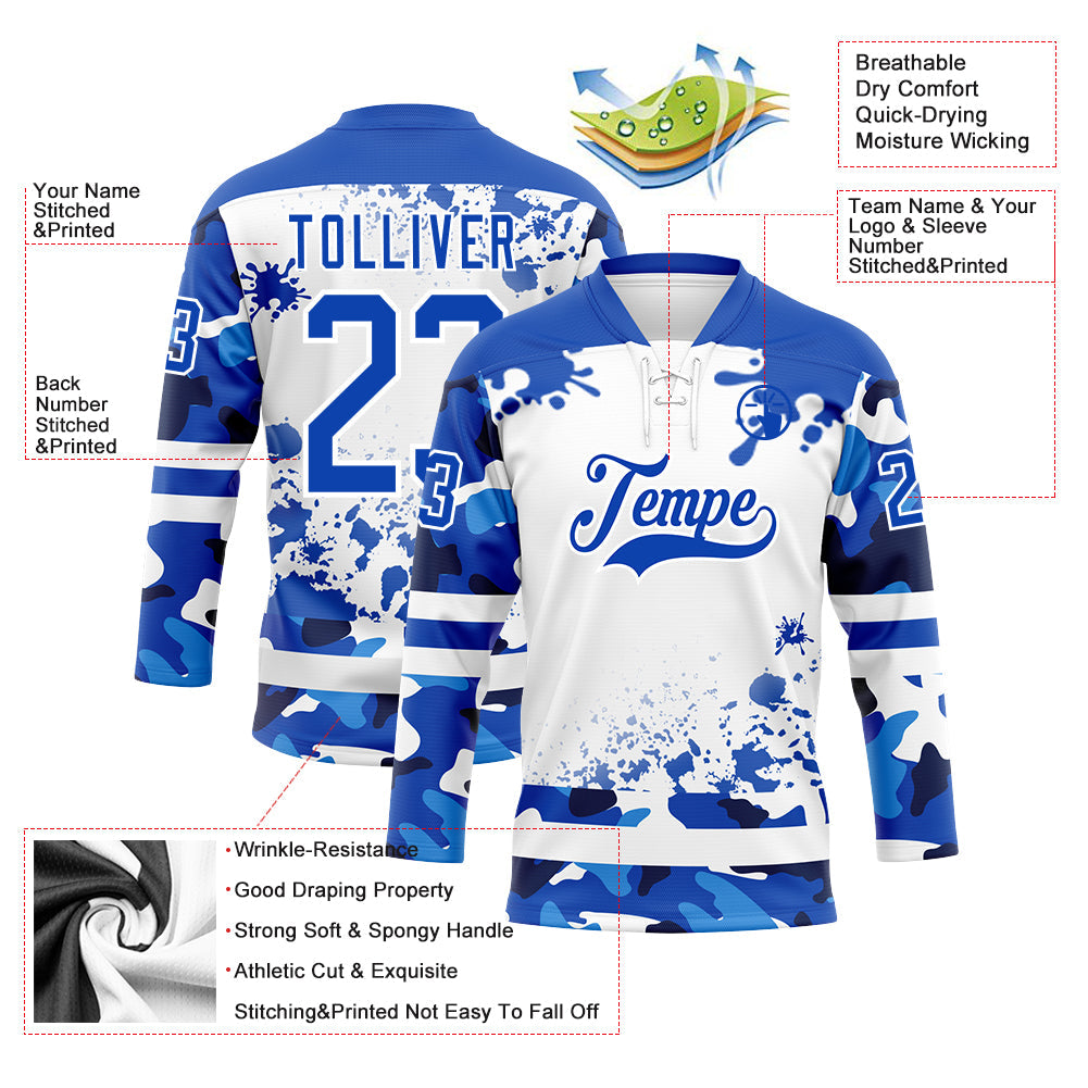 Custom Camo Thunder Blue-White Splash Hockey Lace Neck Jersey view 3