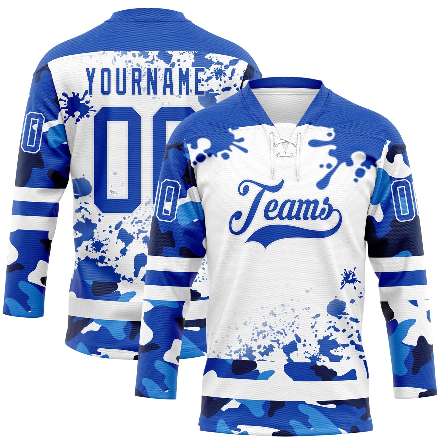 Custom Camo Thunder Blue-White Splash Hockey Lace Neck Jersey - Main View
