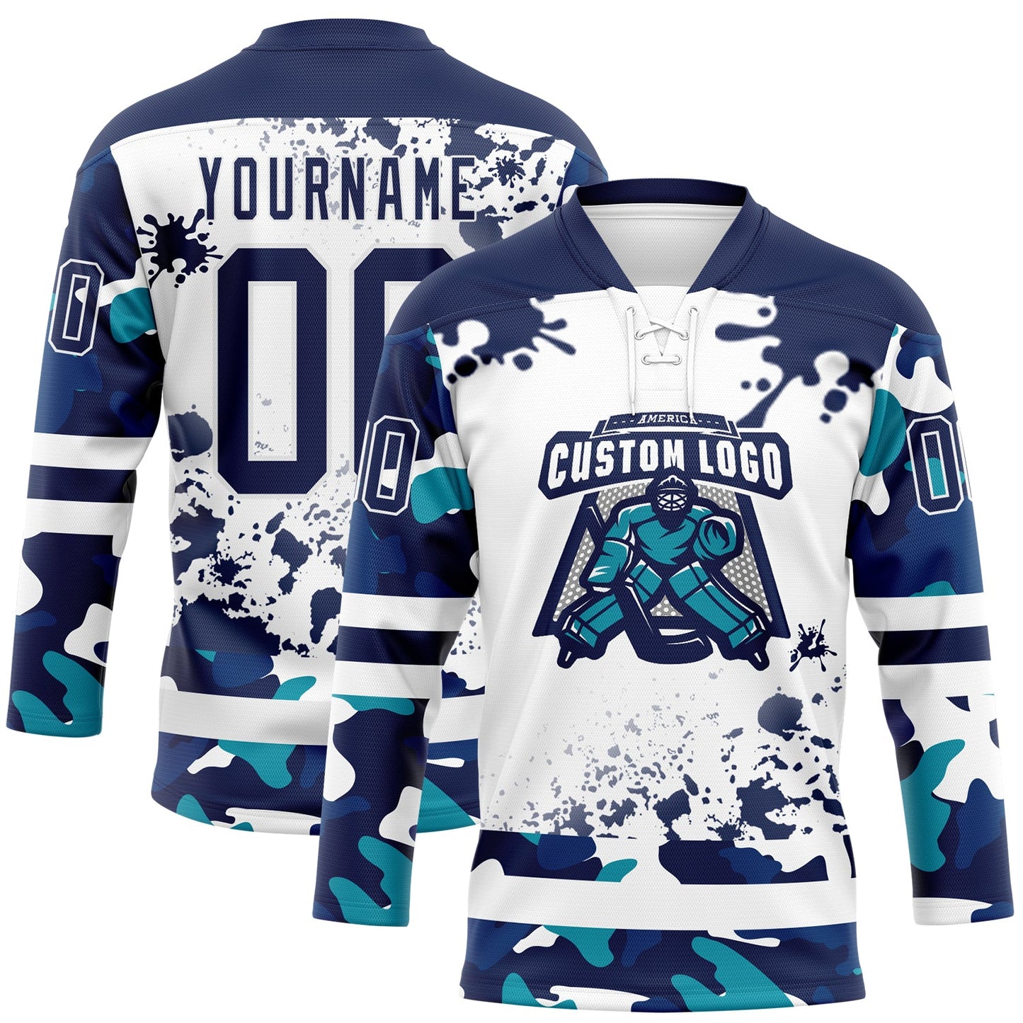 Custom Camo Navy-White Splash Hockey Lace Neck Jersey view 2