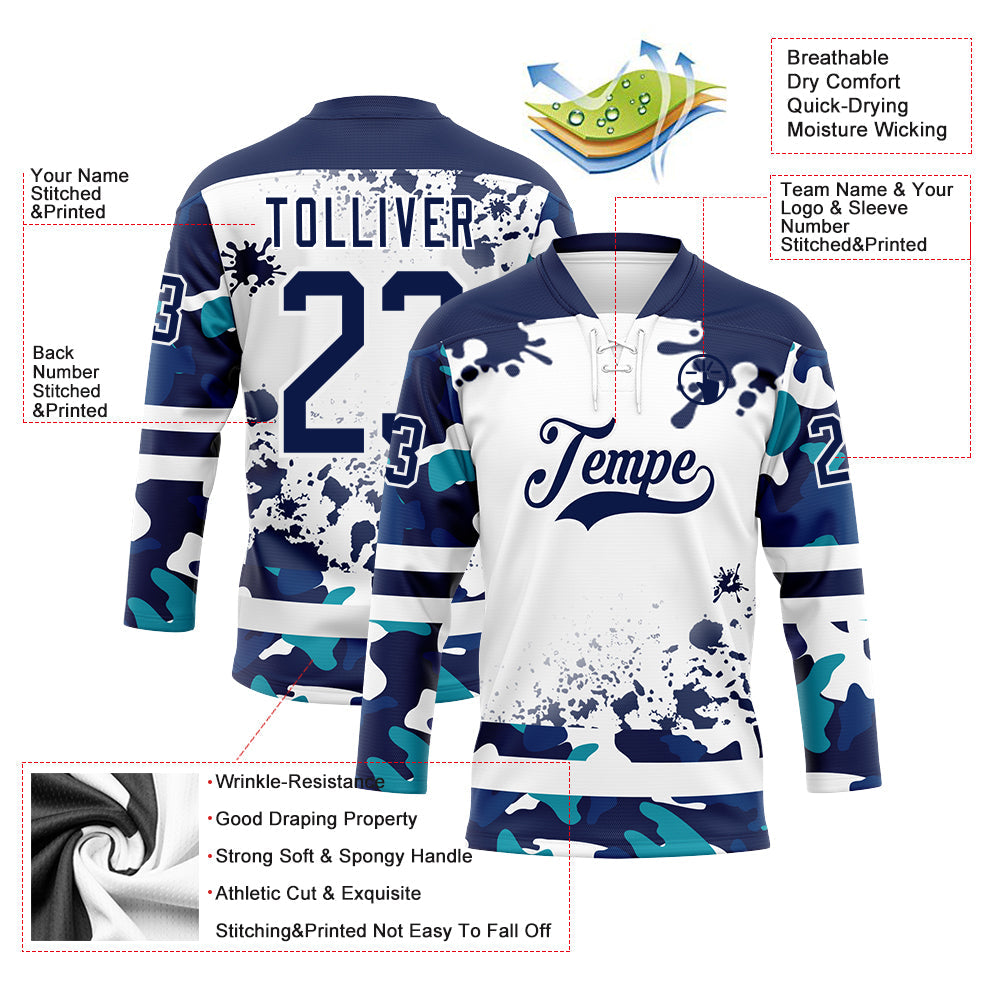 Custom Camo Navy-White Splash Hockey Lace Neck Jersey view 3