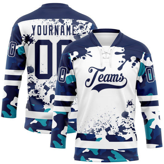 Custom Camo Navy-White Splash Hockey Lace Neck Jersey - Main View