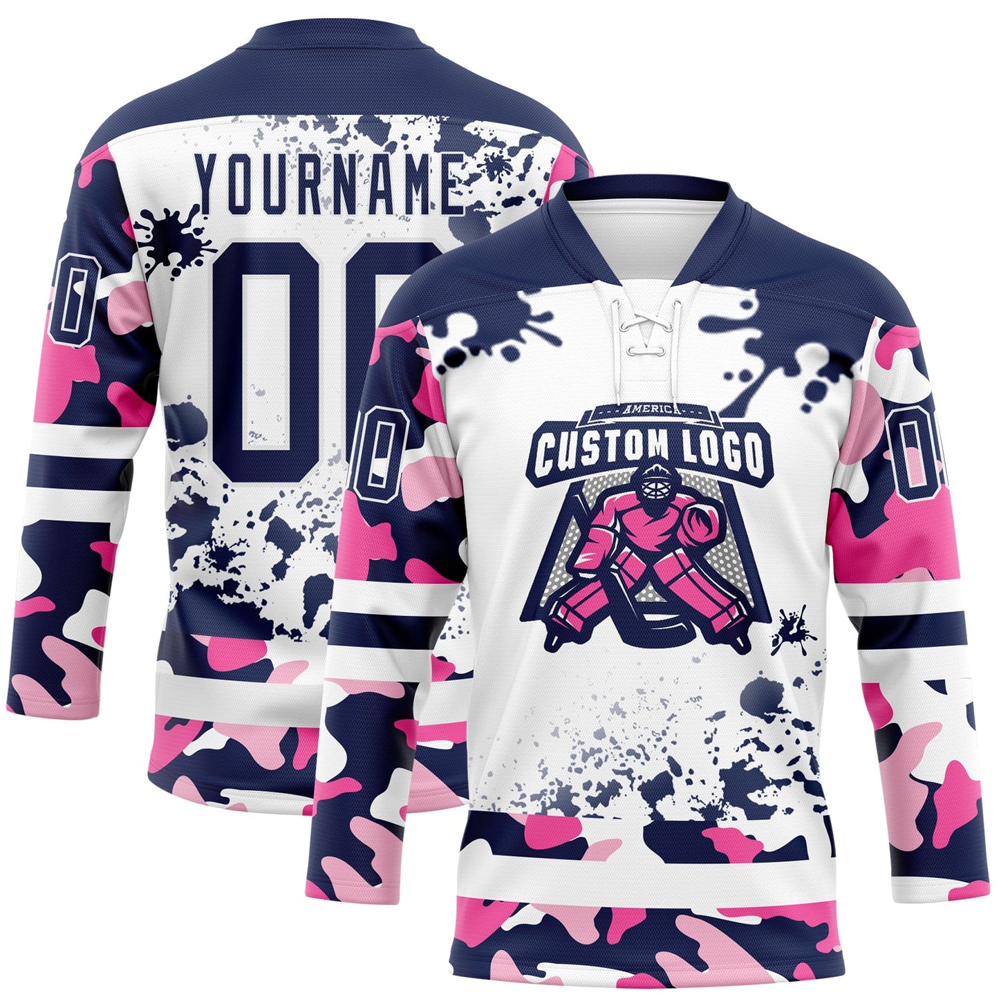 Custom Camo Navy-White Splash Hockey Lace Neck Jersey view 2