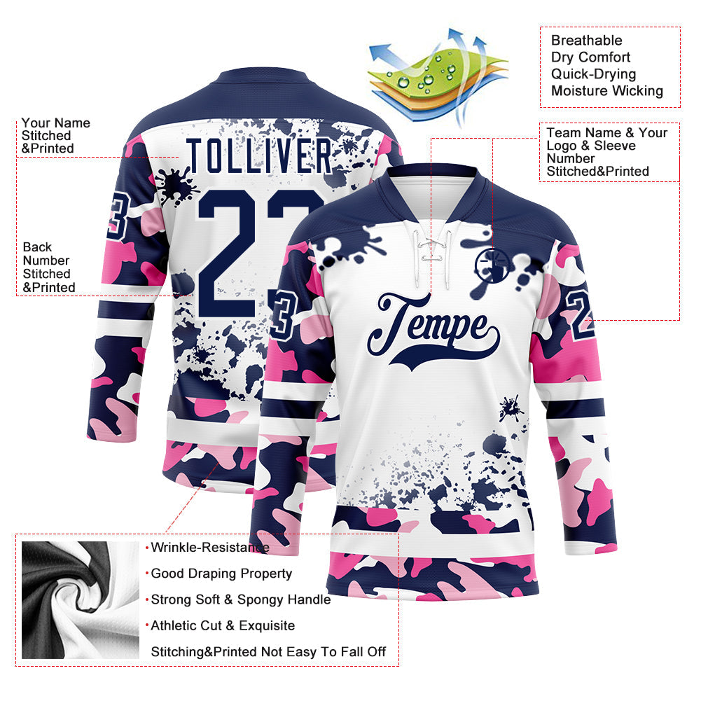 Custom Camo Navy-White Splash Hockey Lace Neck Jersey view 3