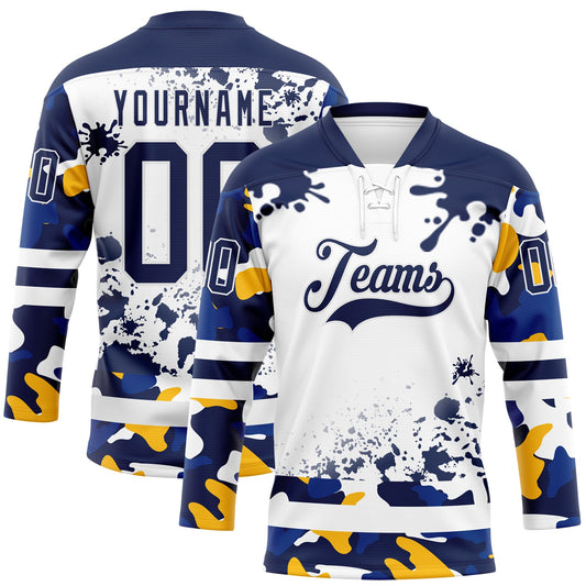 Custom Camo Navy-White Splash Hockey Lace Neck Jersey - Main View