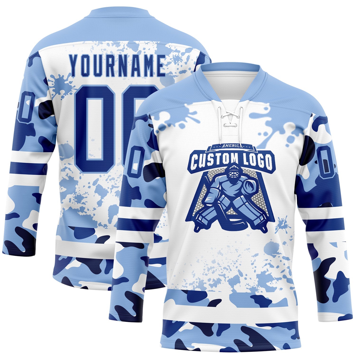 Custom Camo Royal Light Blue-White Splash Hockey Lace Neck Jersey view 2