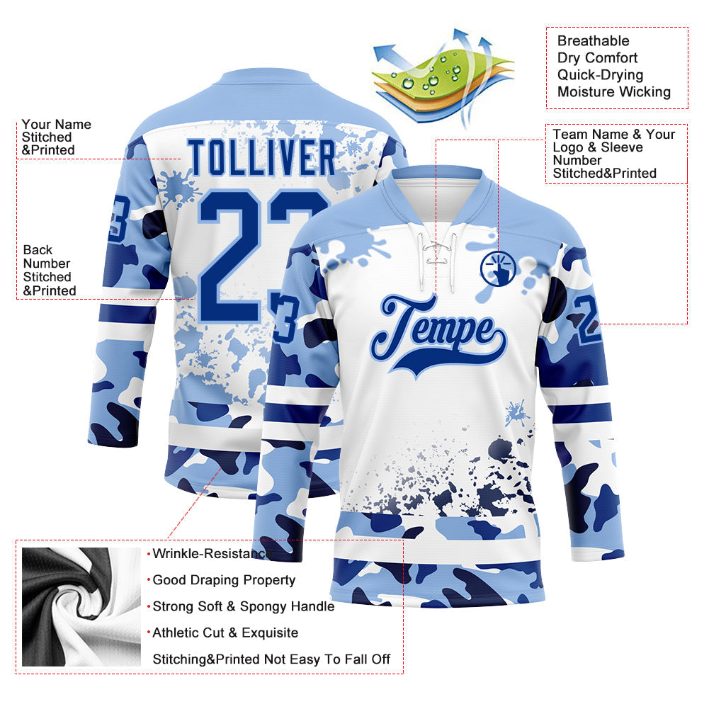 Custom Camo Royal Light Blue-White Splash Hockey Lace Neck Jersey view 3