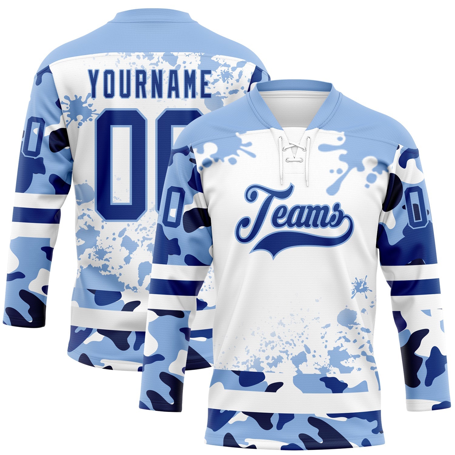 Custom Camo Royal Light Blue-White Splash Hockey Lace Neck Jersey - Main View