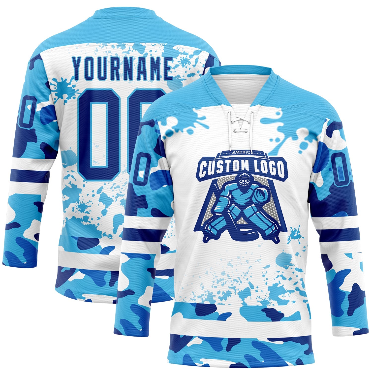 Custom Camo Royal Sky Blue-White Splash Hockey Lace Neck Jersey view 2