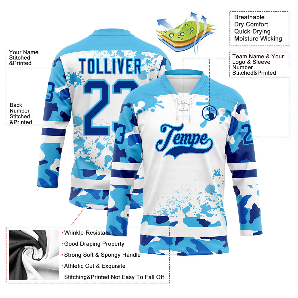 Custom Camo Royal Sky Blue-White Splash Hockey Lace Neck Jersey view 3