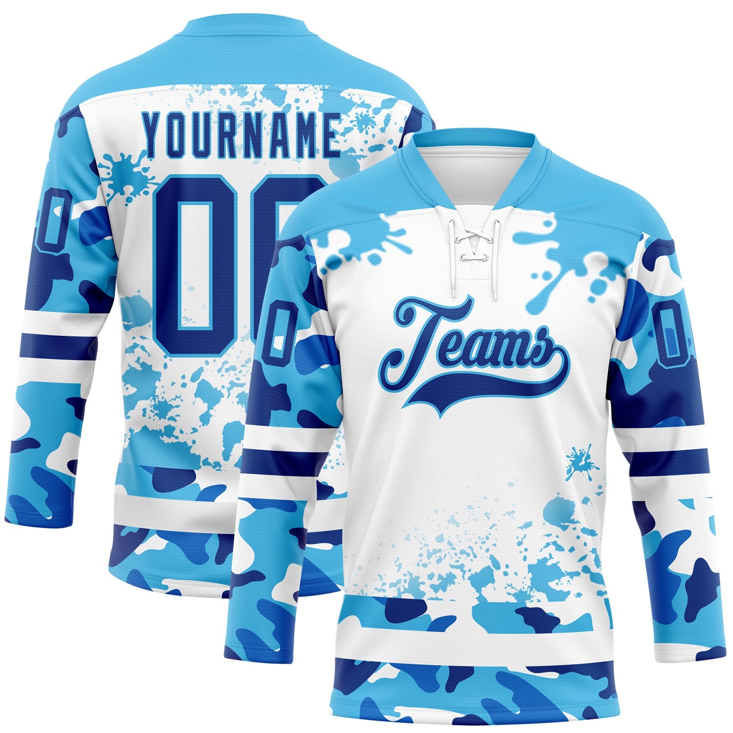 Custom Camo Royal Sky Blue-White Splash Hockey Lace Neck Jersey - Main View